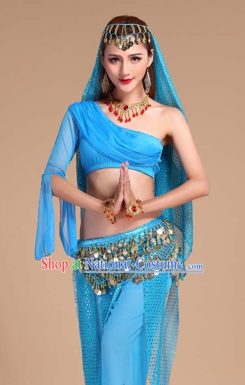 Indian Oriental Dance Blue Outfits Asian Traditional Raks Sharki Top and Pants India Belly Dance Clothing