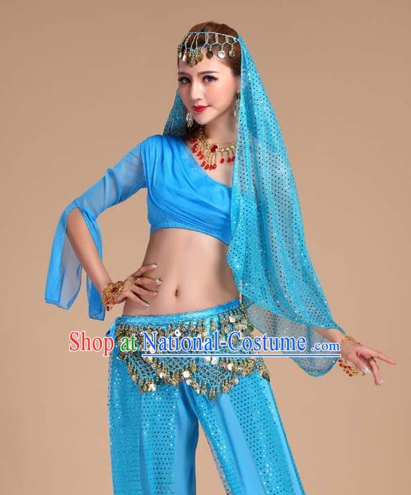 Indian Oriental Dance Blue Outfits Asian Traditional Raks Sharki Top and Pants India Belly Dance Clothing