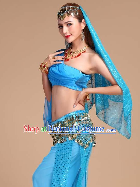 Indian Oriental Dance Blue Outfits Asian Traditional Raks Sharki Top and Pants India Belly Dance Clothing