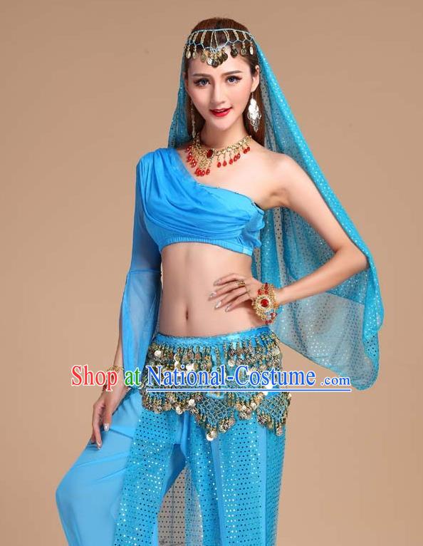 Indian Oriental Dance Blue Outfits Asian Traditional Raks Sharki Top and Pants India Belly Dance Clothing