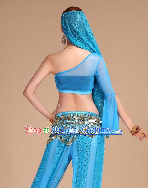 Indian Oriental Dance Blue Outfits Asian Traditional Raks Sharki Top and Pants India Belly Dance Clothing