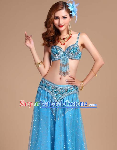 Indian Oriental Dance Uniforms Asian Traditional Raks Sharki Blue Bra and Skirt India Belly Dance Performance Clothing