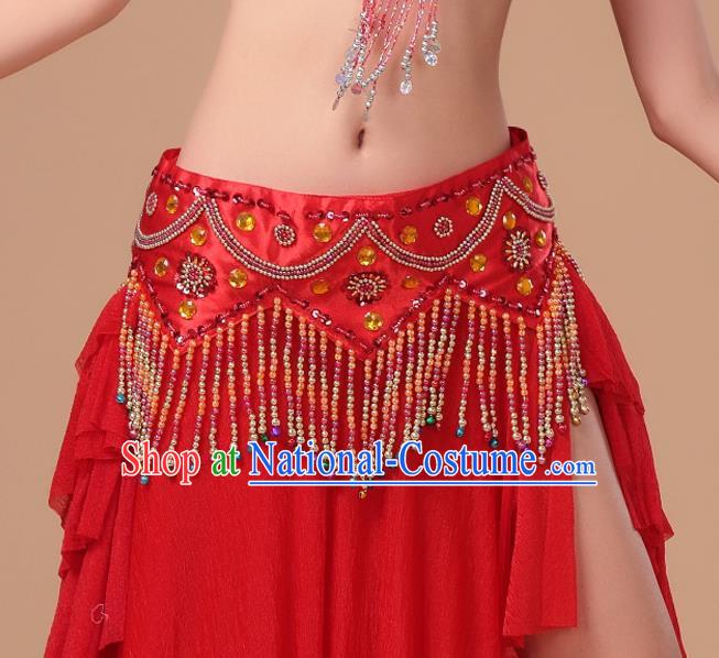 Indian Belly Dance Beads Tassel Red Waistband Asian Traditional Oriental Dance Waist Accessories