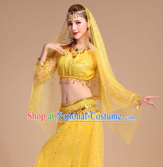 Asian India Folk Dance Clothing Indian Traditional Court Stage Performance Yellow Skirt Outfits