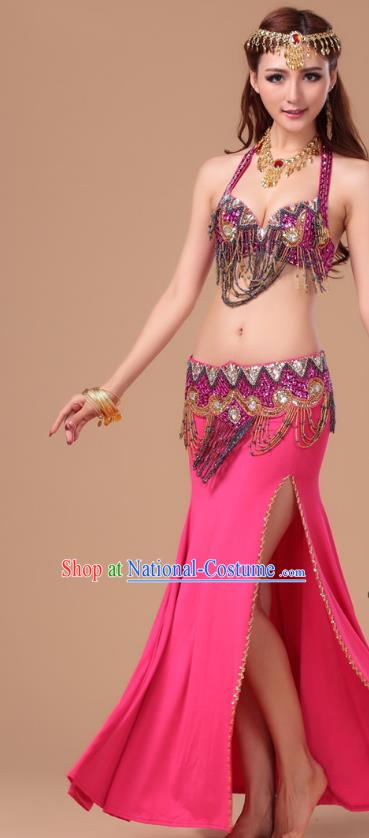 Indian Belly Dance Sexy Rosy Uniforms Top Asian Oriental Dance Performance Bra and Skirt Clothing