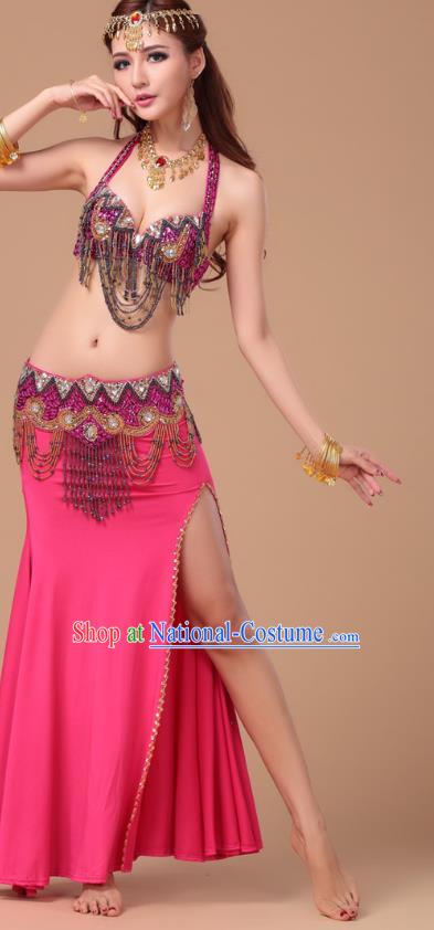 Indian Belly Dance Sexy Rosy Uniforms Top Asian Oriental Dance Performance Bra and Skirt Clothing