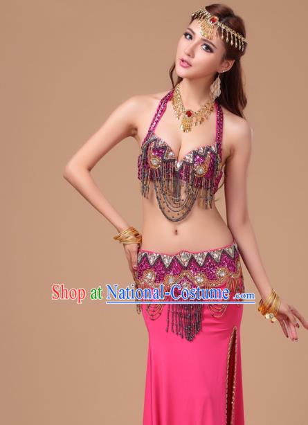 Indian Belly Dance Sexy Rosy Uniforms Top Asian Oriental Dance Performance Bra and Skirt Clothing