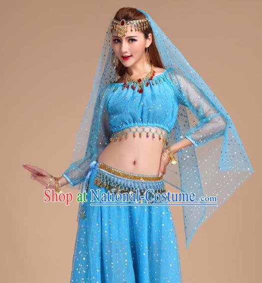 Indian Belly Dance Blue Skirt Outfits Asian Traditional Court Stage Performance Dress India Folk Dance Clothing