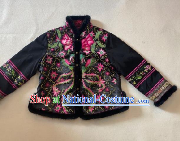 Chinese Classical Embroidered Phoenix Cotton Wadded Jacket Winter Costume National Black Silk Coat