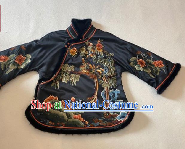 Chinese Classical Embroidered Lotus Jacket Winter Costume National Black Silk Cotton Wadded Coat