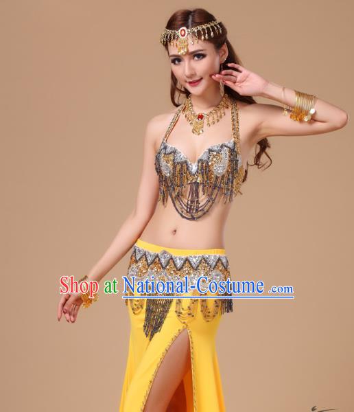 Indian Belly Dance Performance Sexy Yellow Uniforms Top Asian Oriental Dance Bra and Skirt Clothing