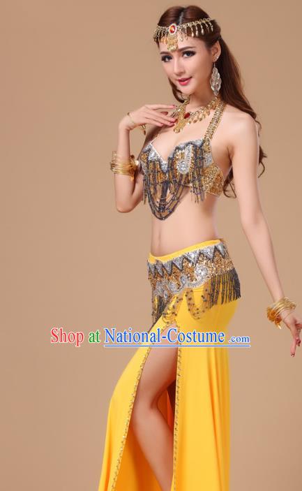 Indian Belly Dance Performance Sexy Yellow Uniforms Top Asian Oriental Dance Bra and Skirt Clothing