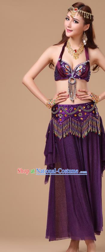 Indian Stage Performance Costumes Asian Belly Dance Purple Uniforms Traditional Oriental Beauty Dance Bra and Skirt