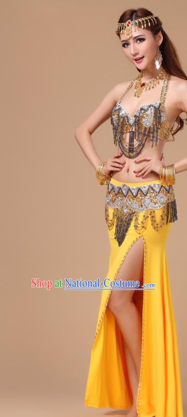 Indian Belly Dance Performance Sexy Yellow Uniforms Top Asian Oriental Dance Bra and Skirt Clothing