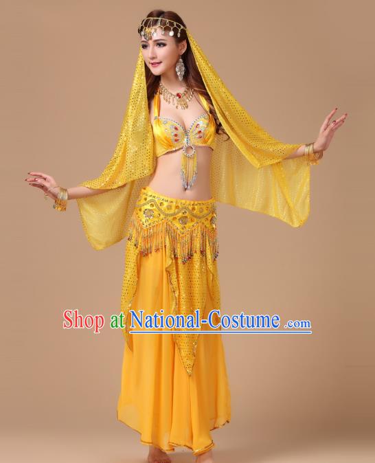 Asian Traditional Belly Dance Oriental Dance Costumes Indian Court Dance Performance Bra and Yellow Skirt Uniforms