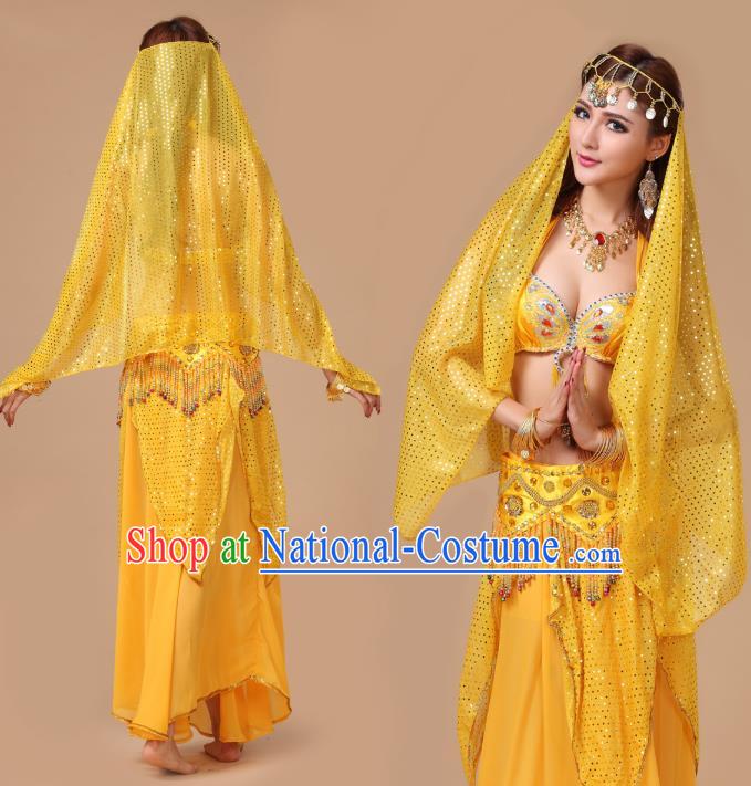 Asian Traditional Belly Dance Oriental Dance Costumes Indian Court Dance Performance Bra and Yellow Skirt Uniforms