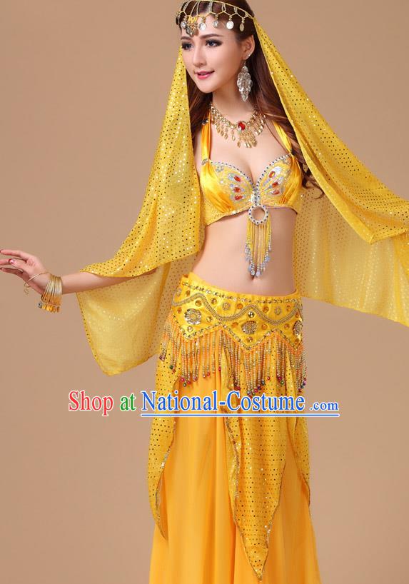 Asian Traditional Belly Dance Oriental Dance Costumes Indian Court Dance Performance Bra and Yellow Skirt Uniforms