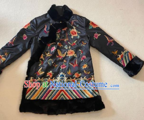 Chinese Embroidered Butterfly Peony Black Silk Jacket Winter Female Costume National Cotton Wadded Coat