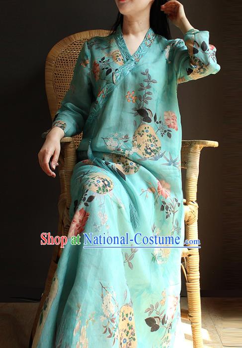 China Traditional Slant Opening Qipao Dress Classical Printing Blue Flax Cheongsam National Women Clothing