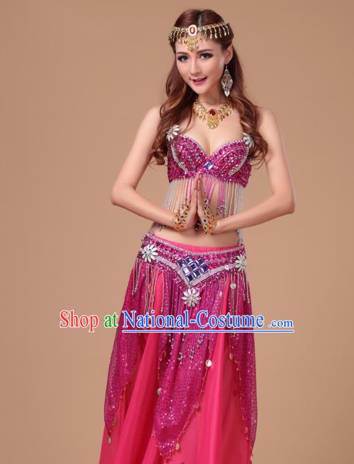 Top Asian Folk Dance Clothing Indian Belly Dance Sexy Bra and Rosy Skirt Uniforms