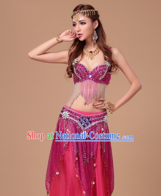 Top Asian Folk Dance Clothing Indian Belly Dance Sexy Bra and Rosy Skirt Uniforms