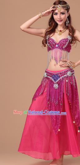 Top Asian Folk Dance Clothing Indian Belly Dance Sexy Bra and Rosy Skirt Uniforms