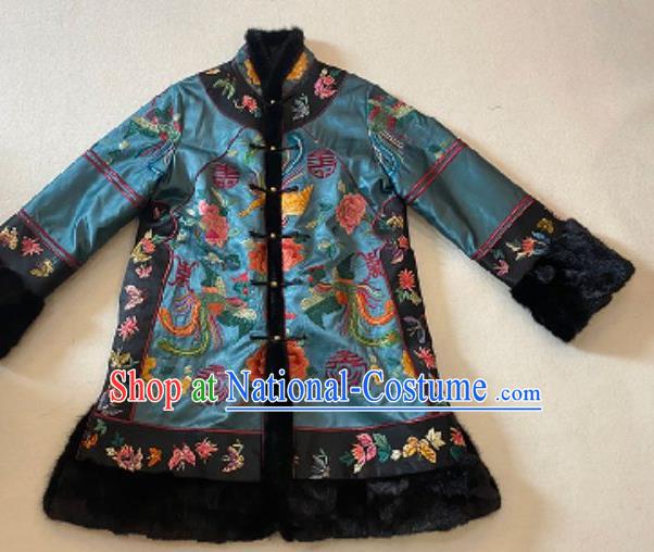 Chinese Embroidered Phoenix Peony Blue Silk Jacket National Cotton Wadded Coat Female New Year Costume