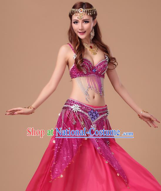 Top Asian Folk Dance Clothing Indian Belly Dance Sexy Bra and Rosy Skirt Uniforms