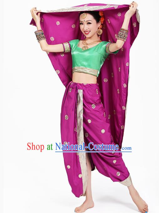 Top Indian Folk Dance Stage Performance Costume Oriental Dance Green Blouse and Purple Pants