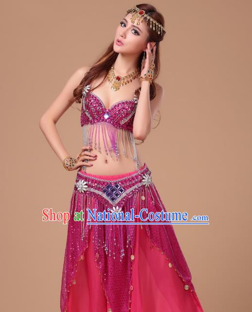 Top Asian Folk Dance Clothing Indian Belly Dance Sexy Bra and Rosy Skirt Uniforms