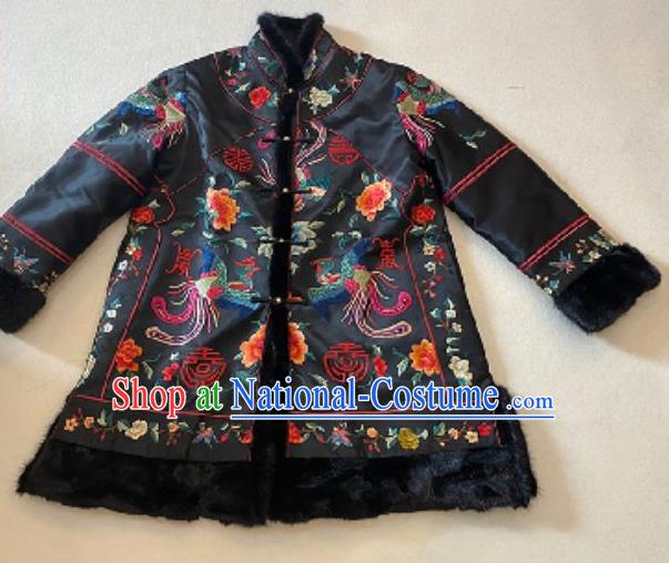 Chinese National Female Cotton Wadded Coat New Year Costume Embroidered Phoenix Peony Black Silk Jacket