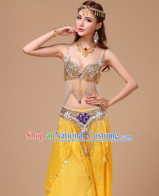 Top Asian Oriental Dance Clothing Indian Belly Dance Stage Performance Sexy Bra and Yellow Skirt Uniforms