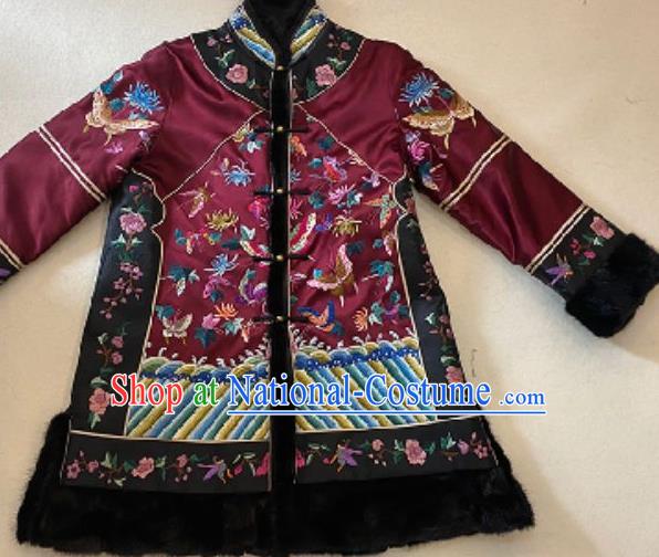 Chinese National Embroidered Butterfly Jacket Purple Silk Cotton Wadded Coat Costume