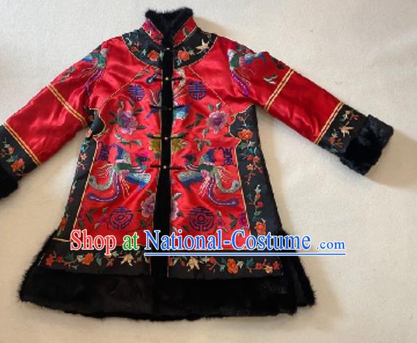 Chinese Red Silk Cotton Wadded Coat Costume National Embroidered Phoenix Peony Jacket