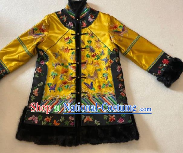 Chinese National Costume Embroidered Butterfly Jacket Yellow Silk Cotton Wadded Coat