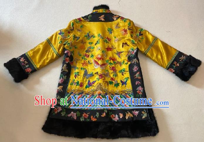 Chinese National Costume Embroidered Butterfly Jacket Yellow Silk Cotton Wadded Coat