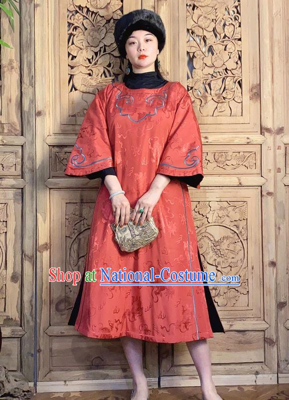 China Traditional Embroidered Red Silk Qipao Dress National Women Clothing Classical Wide Sleeve Cheongsam