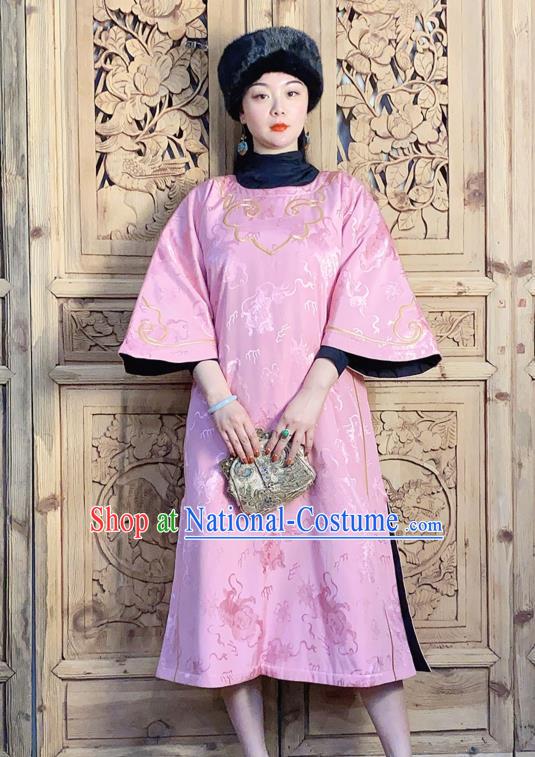 China Classical Wide Sleeve Cheongsam Traditional Embroidered Pink Silk Qipao Dress National Women Clothing