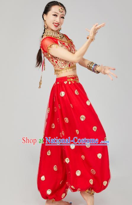 Top Indian Young Lady Red Uniforms Blouse and Pants India Folk Dance Costumes