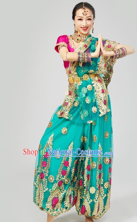 Top India Folk Dance Costumes Indian Stage Performance Uniforms Rosy Blouse and Green Pants