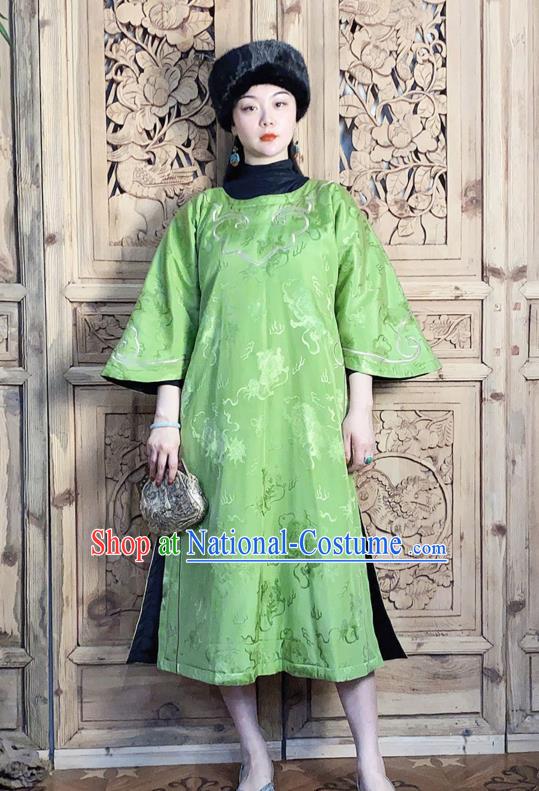 China National Women Clothing Classical Wide Sleeve Cheongsam Traditional Embroidered Green Silk Qipao Dress