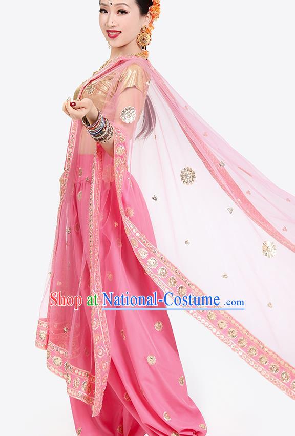 Top India Folk Dance Stage Performance Costumes Indian Young Lady Golden Blouse and Pink Pants