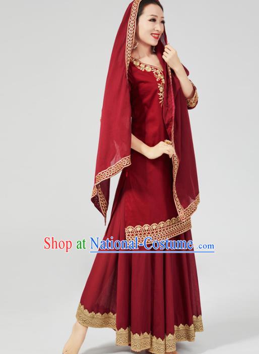 India Traditional Wine Red Punjab Clothing Asian Indian Female Dance Costumes