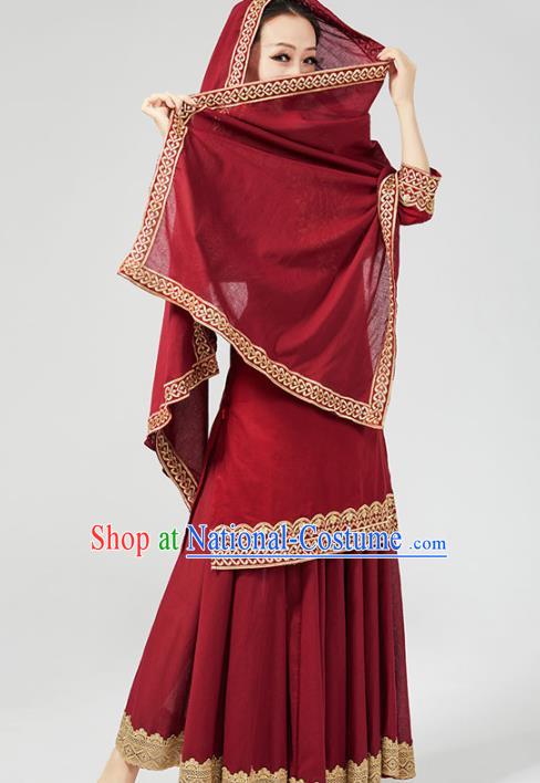 India Traditional Wine Red Punjab Clothing Asian Indian Female Dance Costumes