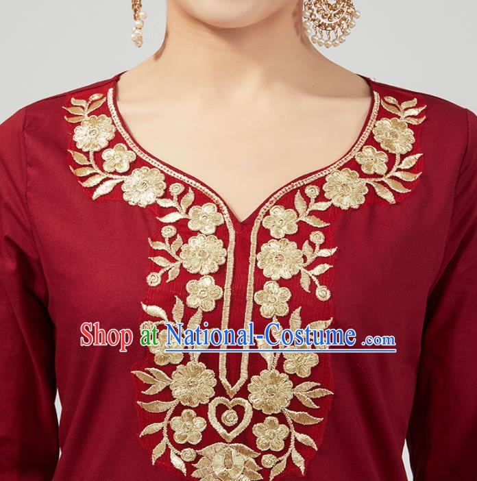 India Traditional Wine Red Punjab Clothing Asian Indian Female Dance Costumes