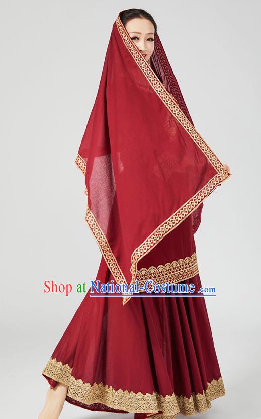 India Traditional Wine Red Punjab Clothing Asian Indian Female Dance Costumes