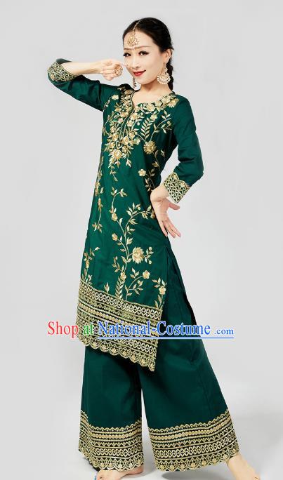 India Traditional Embroidered Punjab Clothing Asian Indian Female Dance Costumes Green Blouse and Loose Pants