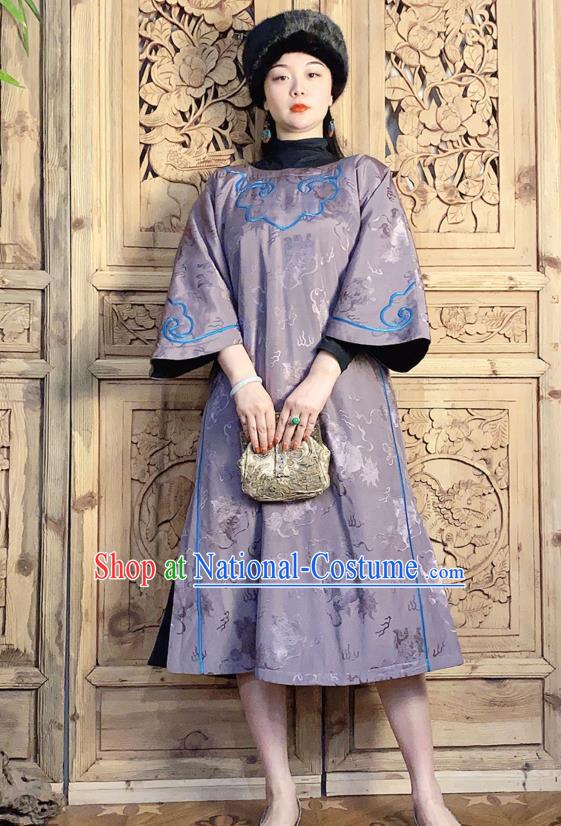 China Traditional Wide Sleeve Violet Silk Qipao Dress National Women Embroidered Clothing Classical Cheongsam