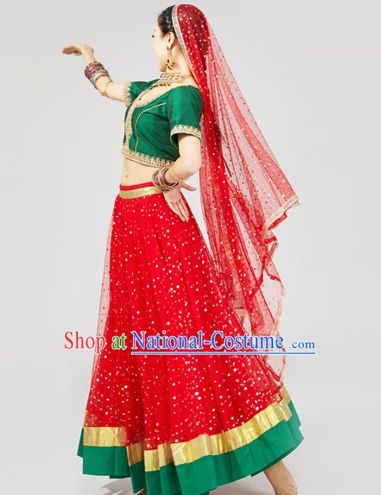 Asian Indian Traditional Court Princess Dress India Bollywood Dance Performance Clothing Green Top and Red Skirt