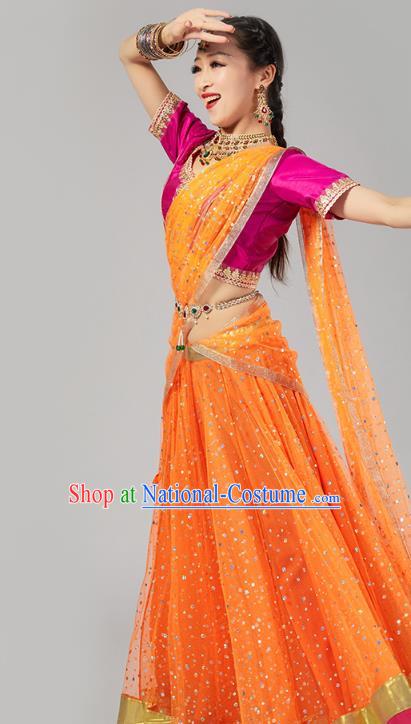 India Bollywood Dance Performance Clothing Asian Indian Rosy Top and Orange Skirt Traditional Court Princess Dress